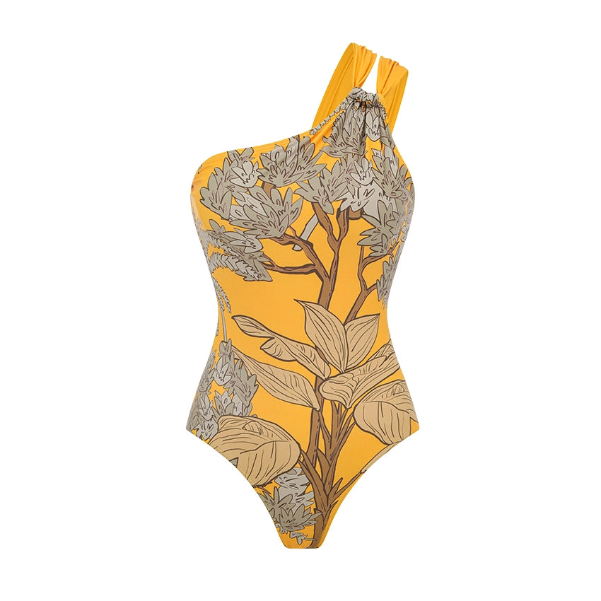 One Shoulder Yellow Printed Swimsuit Set