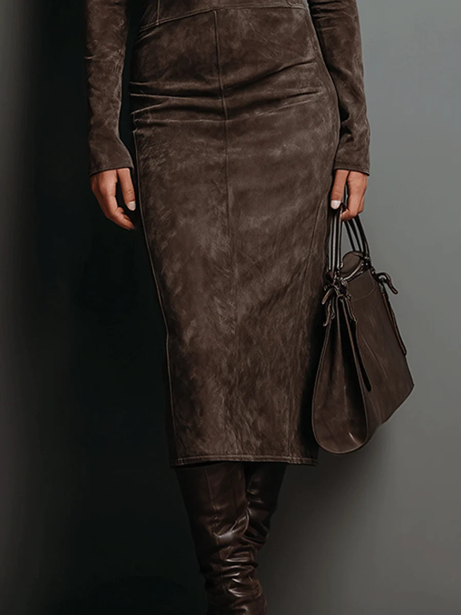 Ilaria™ - Suede Midi Dress with High Neck and Long Sleeves