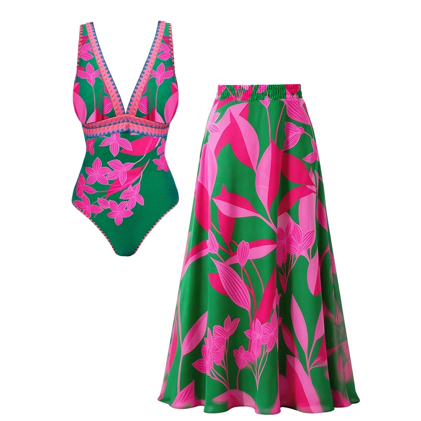 Pink & Green Colorblock Print V-Neck Swimsuit Set(s)