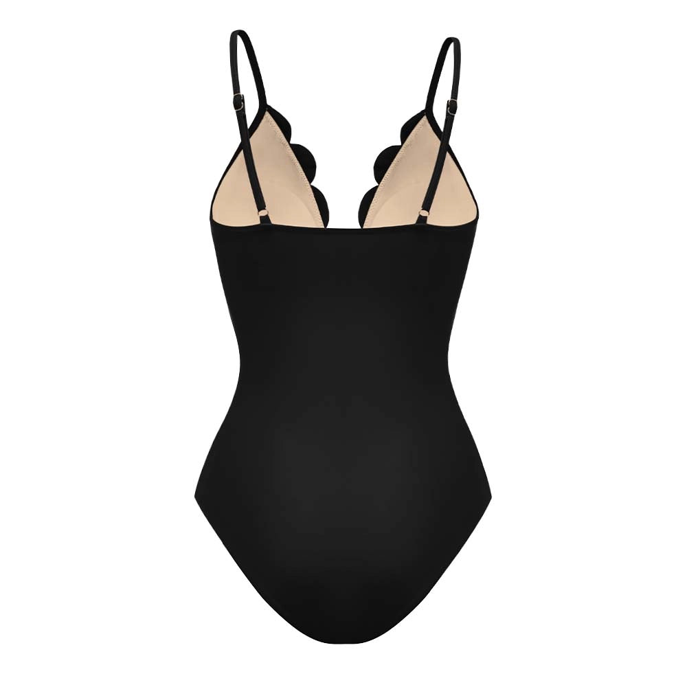 Black Laser Cutting Flower Hollow One Piece Swimsuit and Skirt