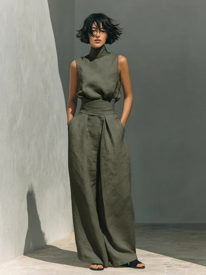 Flor™ | Minimalist set featuring a sleeveless blouse and wide-leg pants in cotton and linen for women