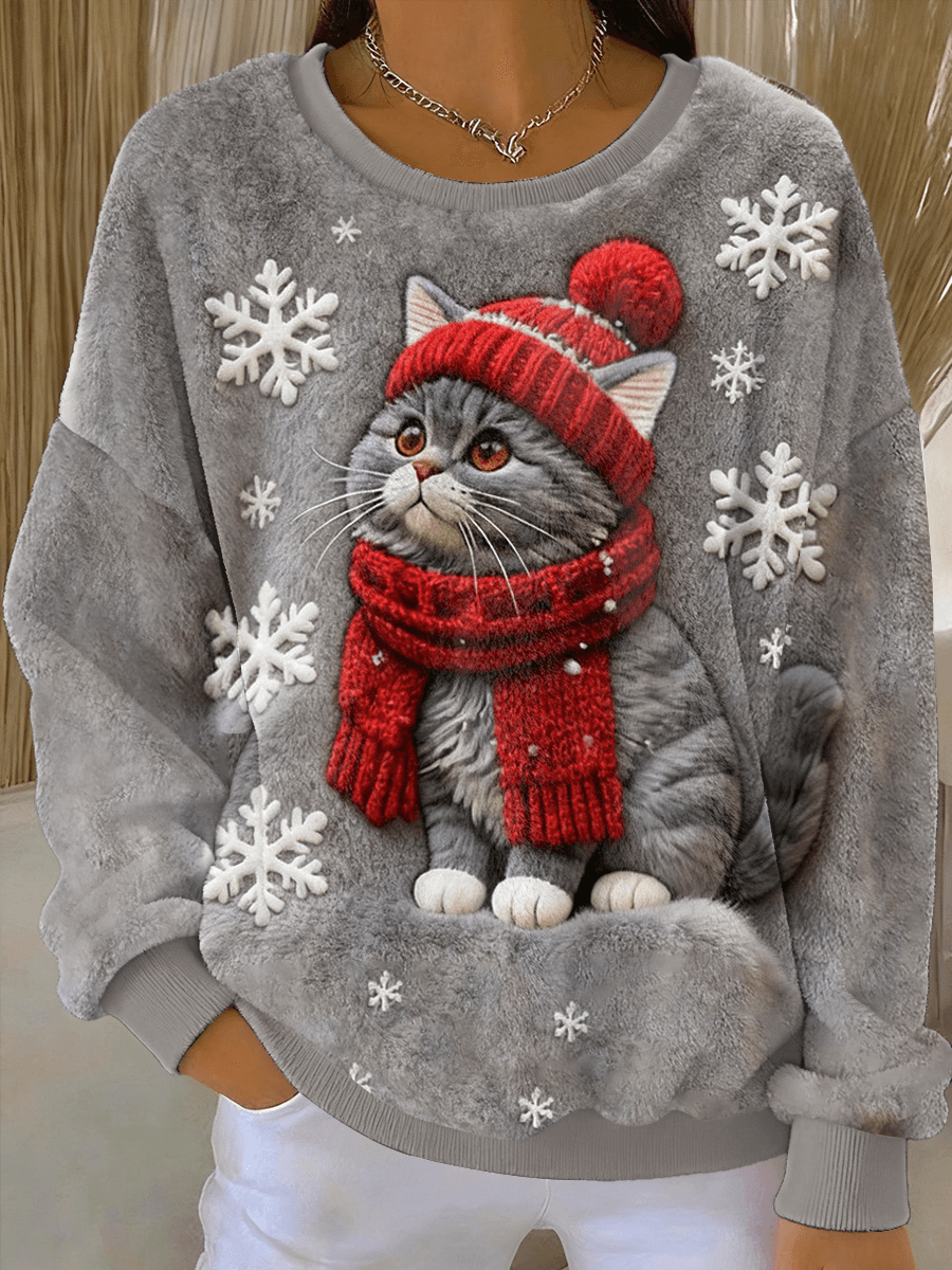Casual flannel hoodie with Christmas cat print for women