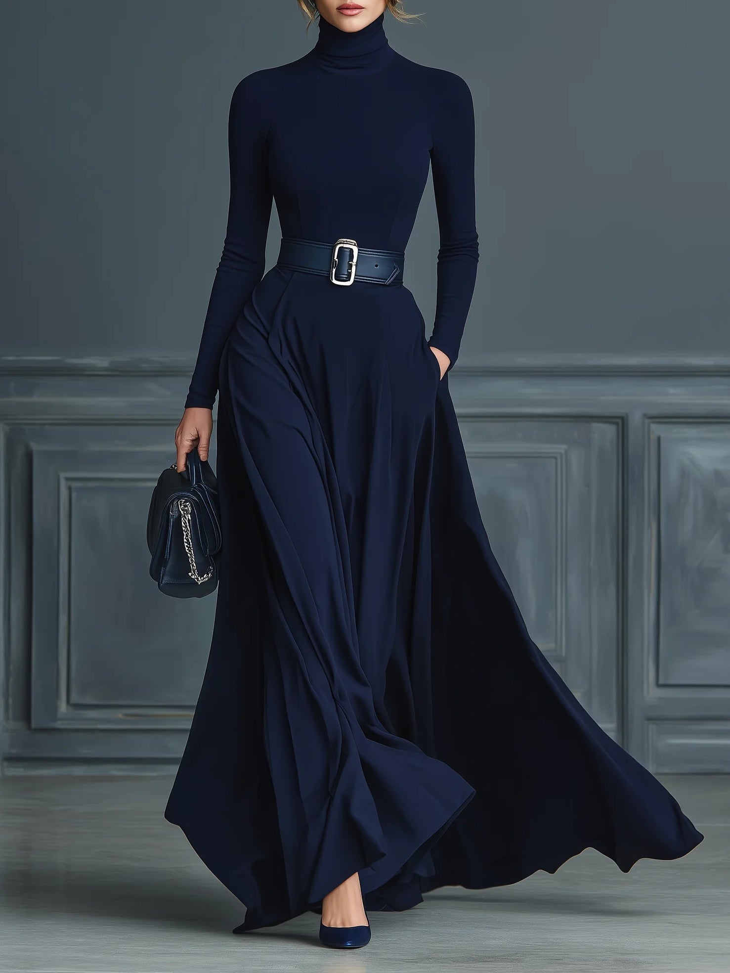 Francesca™ - Dark blue knit dress with high neck