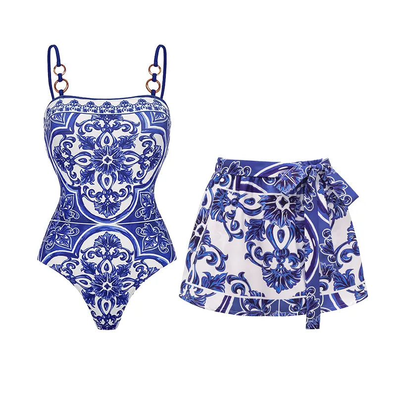 Sling Classic Majolica Series Pattern Print One Piece Swimsuit