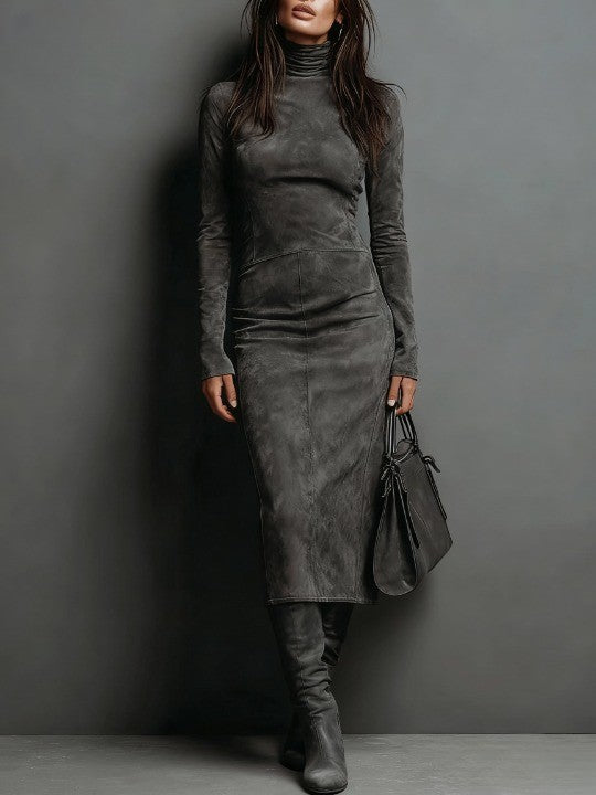 Ilaria™ - Suede Midi Dress with High Neck and Long Sleeves