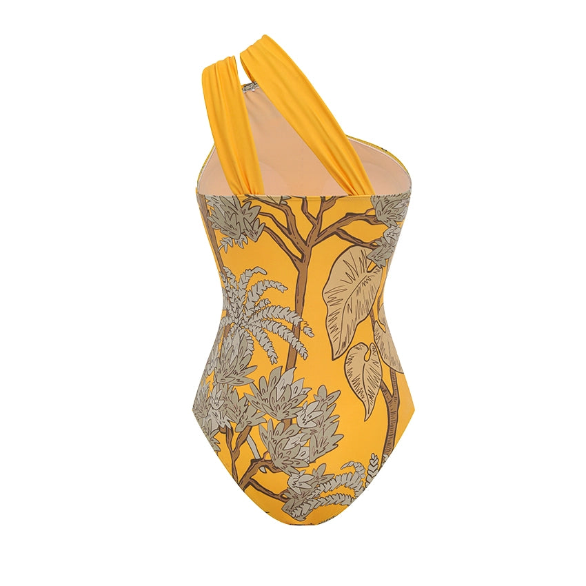 One Shoulder Yellow Printed Swimsuit Set