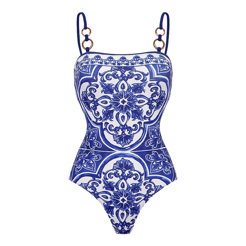 Sling Classic Majolica Series Pattern Print One Piece Swimsuit