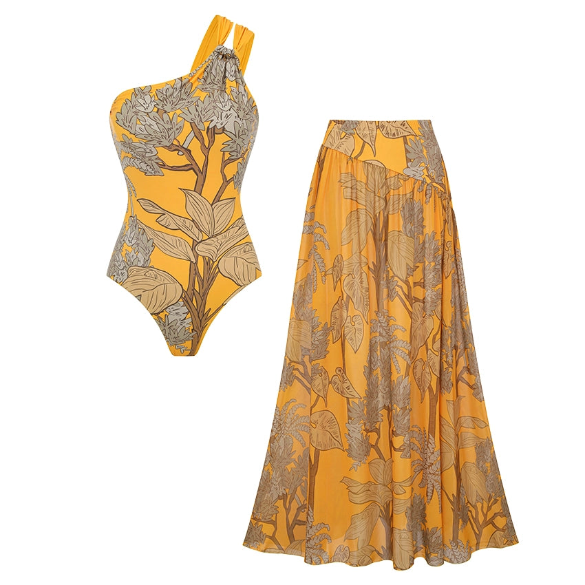 One Shoulder Yellow Printed Swimsuit Set