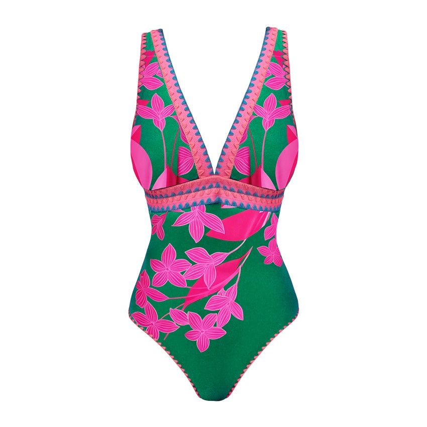 Pink & Green Colorblock Print V-Neck Swimsuit Set(s)