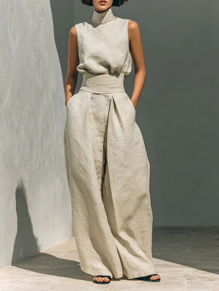 Flor™ | Minimalist set featuring a sleeveless blouse and wide-leg pants in cotton and linen for women