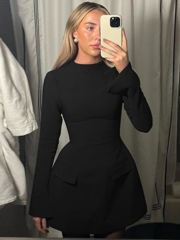 HAZEL™ - Chic A-Line Dress with Stand Collar and Long Sleeves
