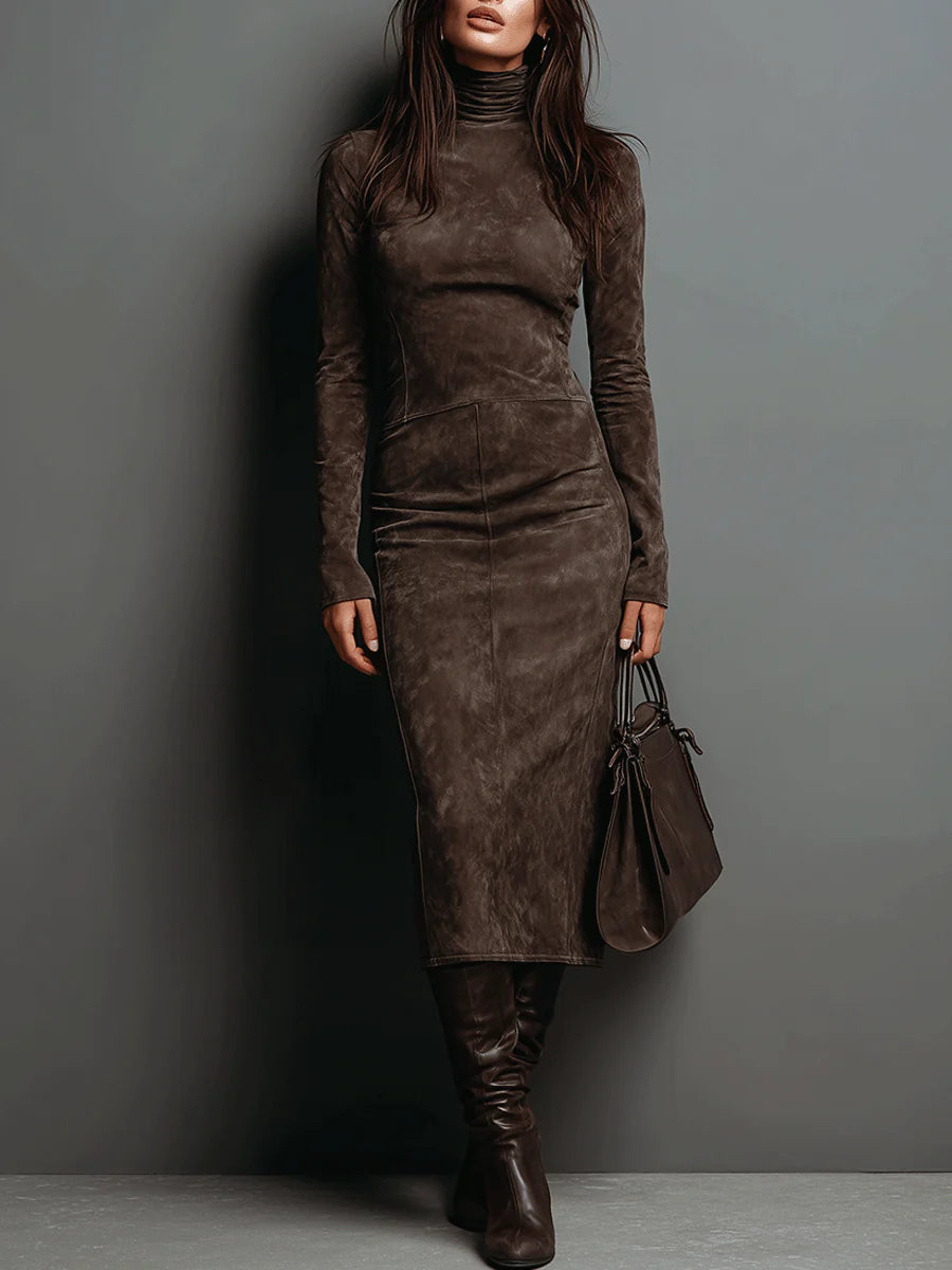 Ilaria™ - Suede Midi Dress with High Neck and Long Sleeves