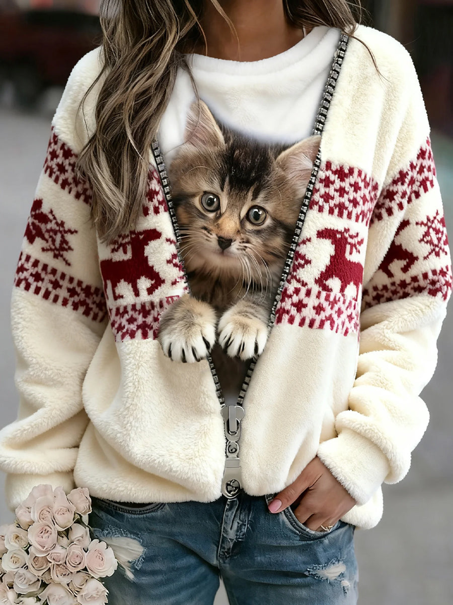 Comfortable Flannel Sweatshirt with Retro Christmas Animal Print for Women