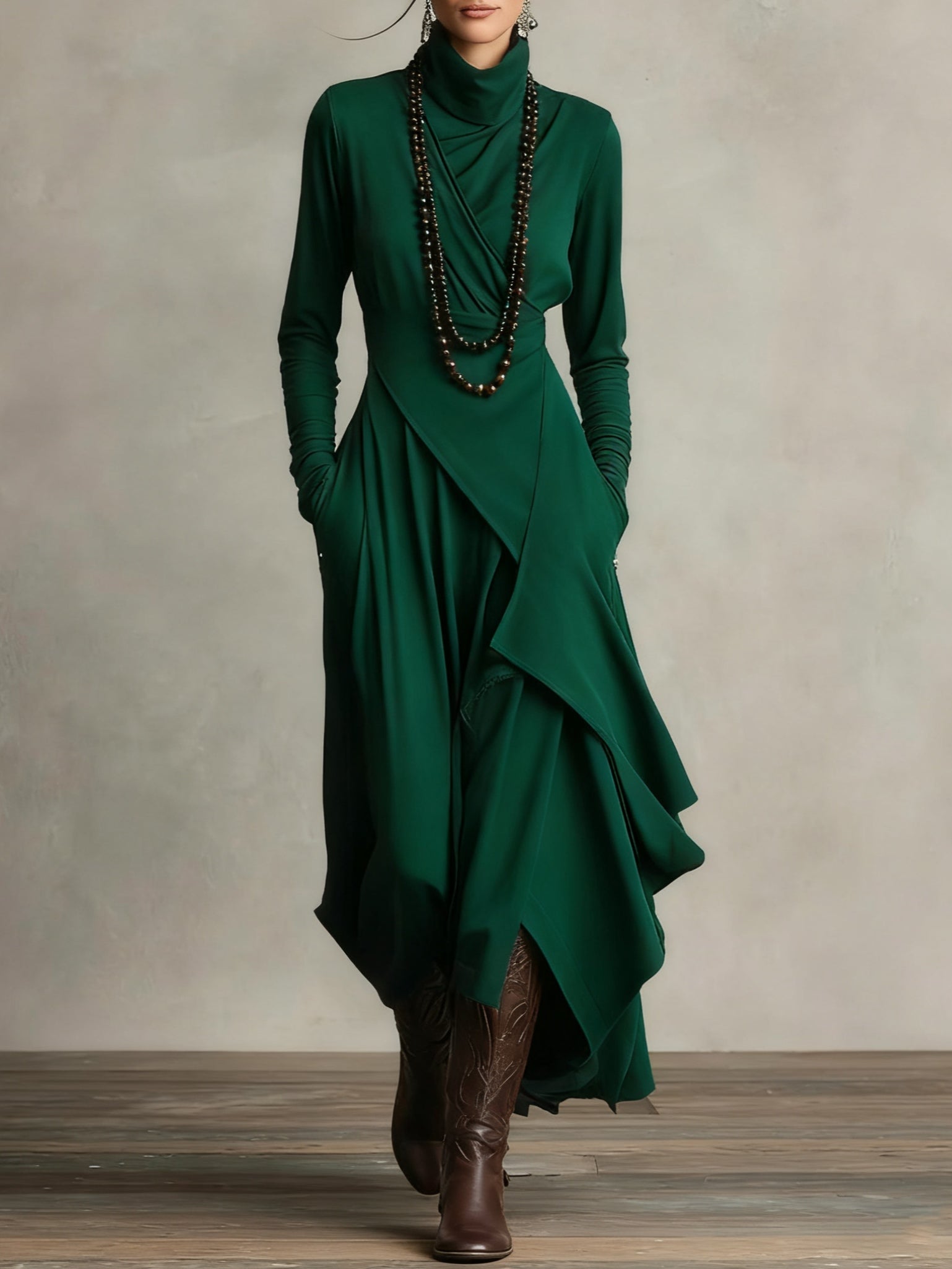 Giorgia™ - Purple Asymmetrical Pleated Maxi Dress with High Neck (Necklace not included)