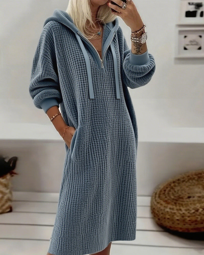 Frannie™-Casual Hooded Honeycomb Knit Fleece Dress