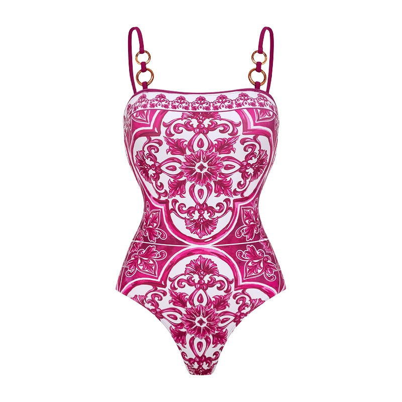 Sling Classic Majolica Series Pattern Print One Piece Swimsuit and Skirt or Shorts
