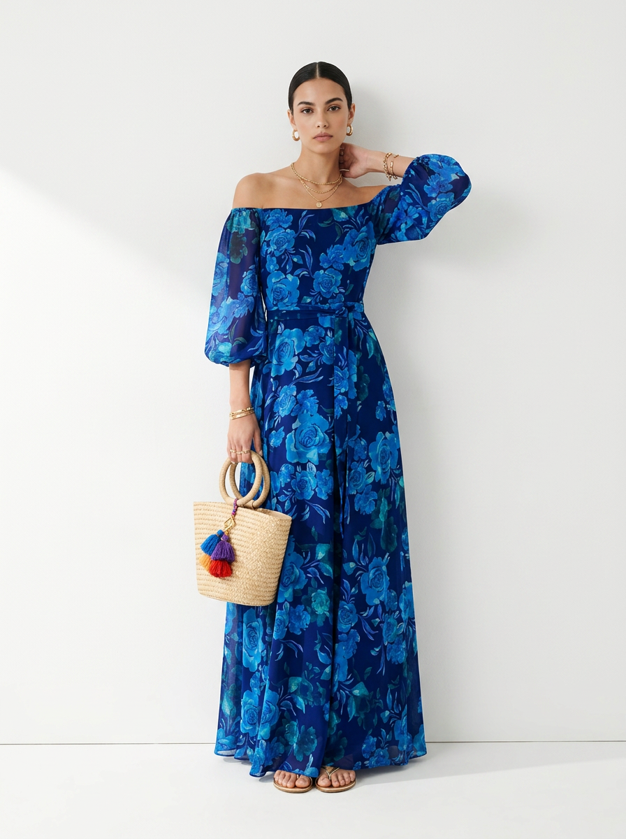 Luna™ | Long Floral Print Dress with Off-the-Shoulder Sleeves