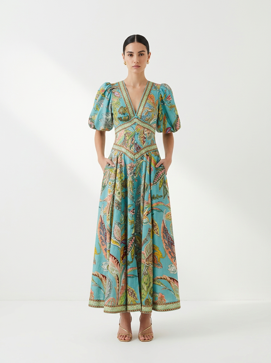 Elizabeth™ | Airy maxi dress with puff sleeves and V-neck